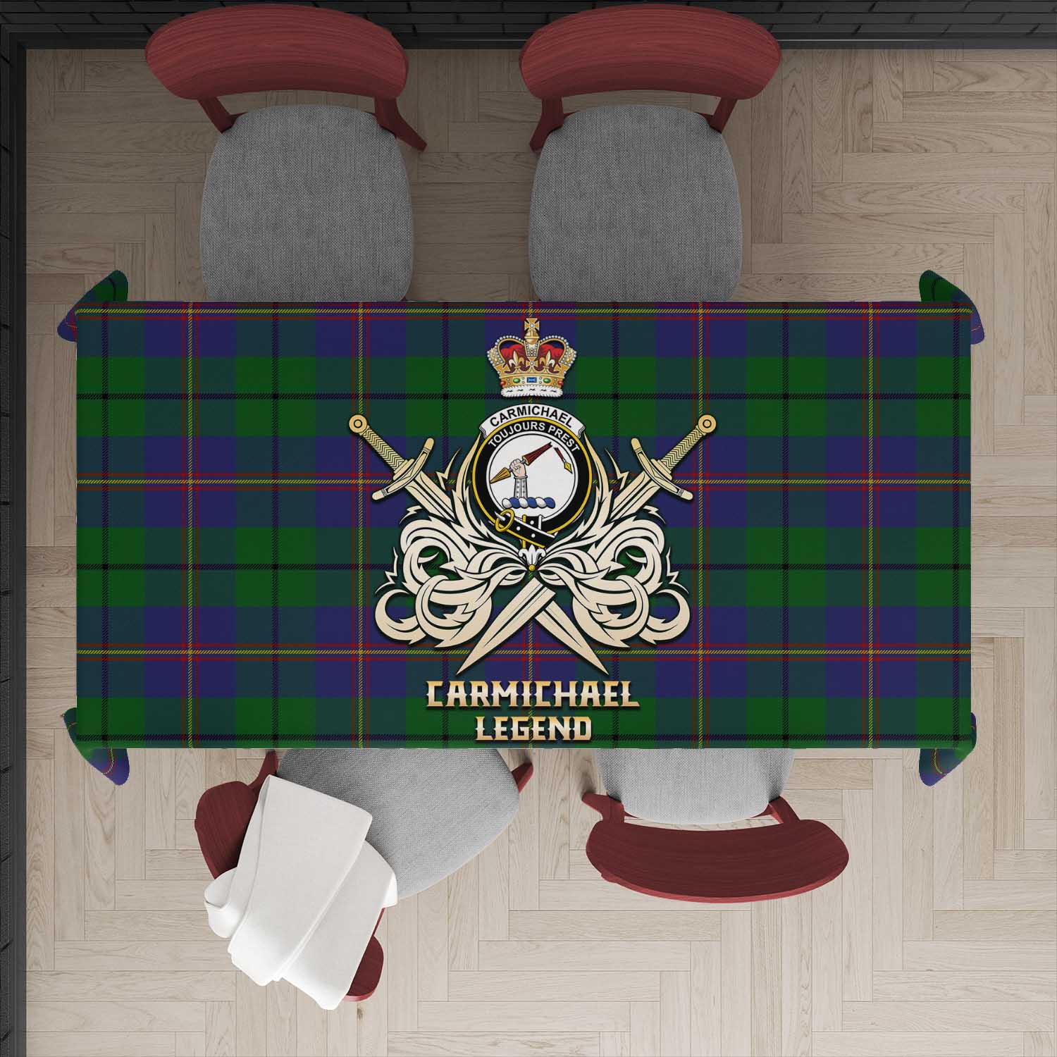 Tartan Vibes Clothing Carmichael Tartan Tablecloth with Clan Crest and the Golden Sword of Courageous Legacy