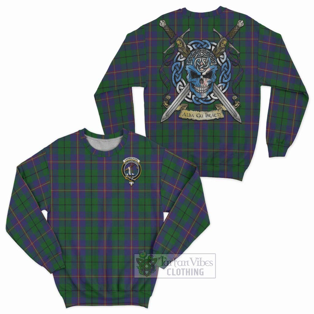 Tartan Vibes Clothing Carmichael Tartan Sweatshirt with Family Crest Celtic Skull Style