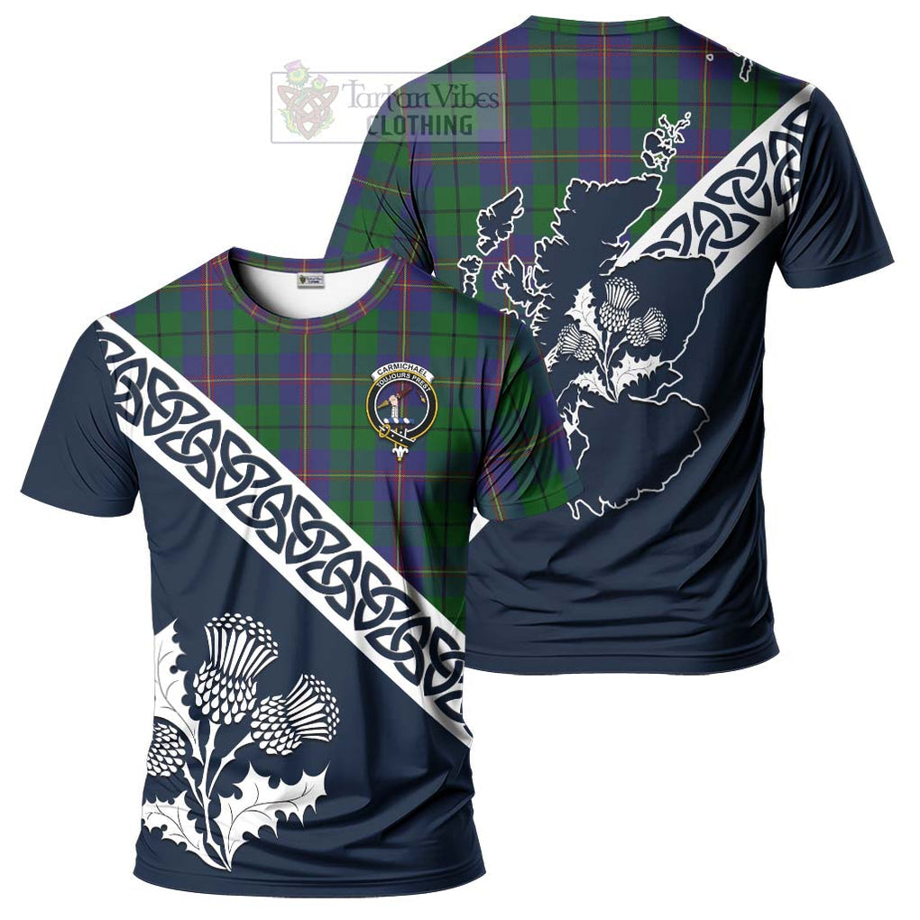 Carmichael Tartan T-Shirt Featuring Thistle and Scotland Map