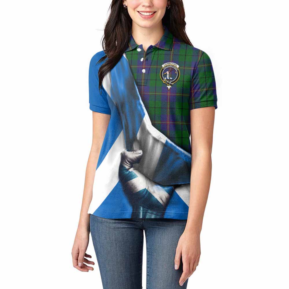 Tartan Vibes Clothing Carmichael Tartan Women's Polo Shirt with Family Crest Scotland Patriotic Style