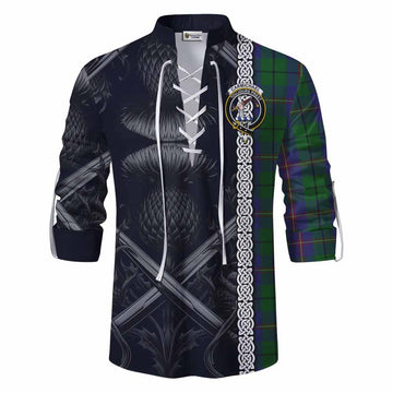 Carmichael Tartan Ghillie Kilt Shirt with Family Crest Cross Sword Thistle Celtic Vibes Men - Tartan Vibes Clothing