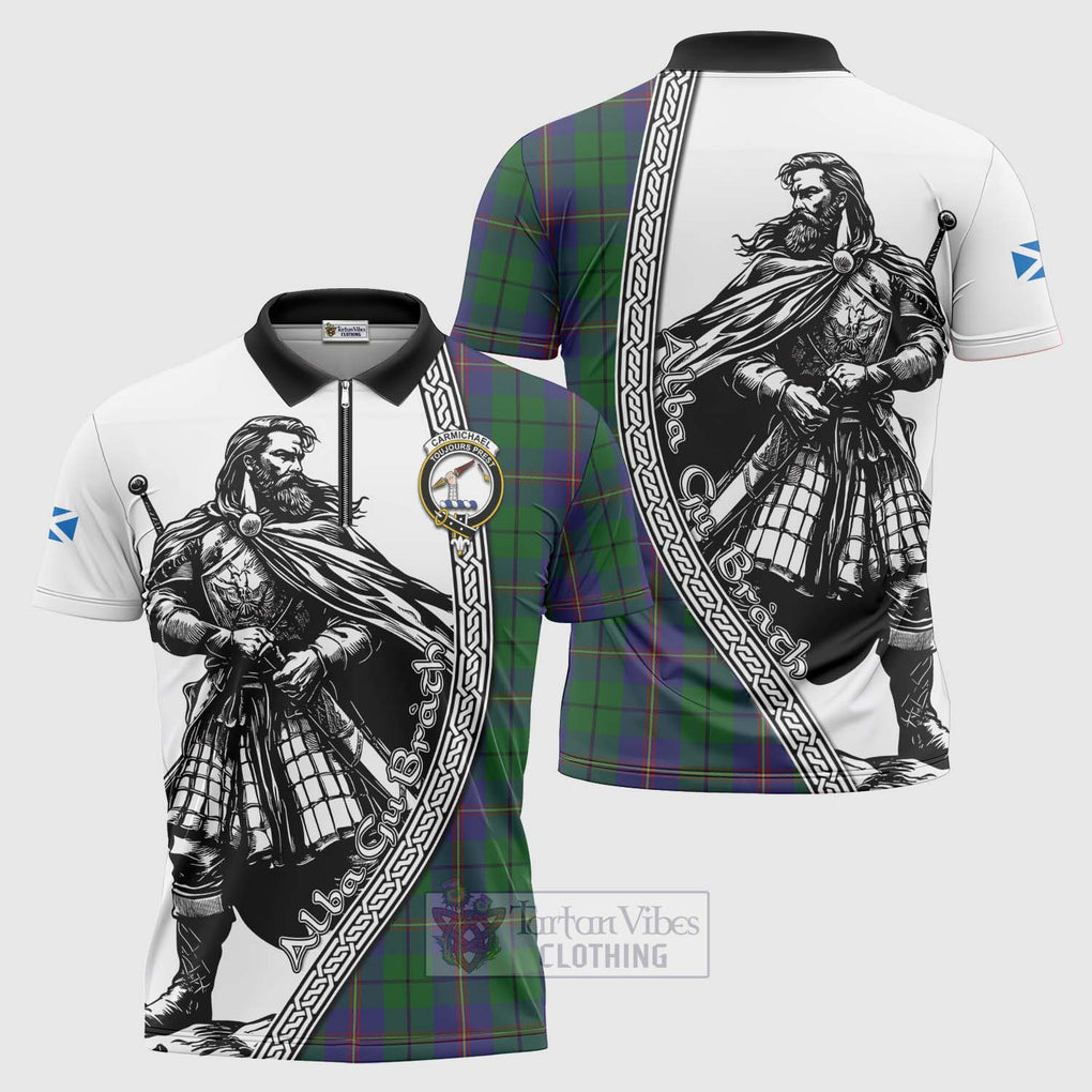 Tartan Vibes Clothing Carmichael Tartan Clan Crest Zipper Polo Shirt with Highlander Warrior Celtic Style