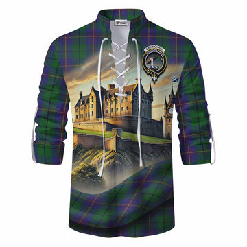 Carmichael Tartan Family Crest Ghillie Kilt Shirt with Scottish Ancient Castle Style Men - Tartan Vibes Clothing