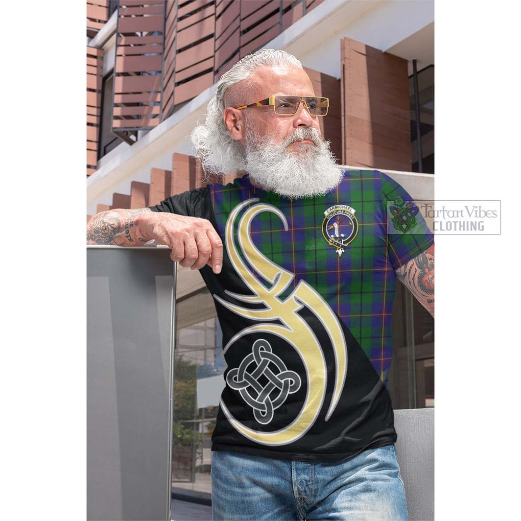 Tartan Vibes Clothing Carmichael Tartan Cotton T-shirt with Family Crest and Celtic Symbol Style