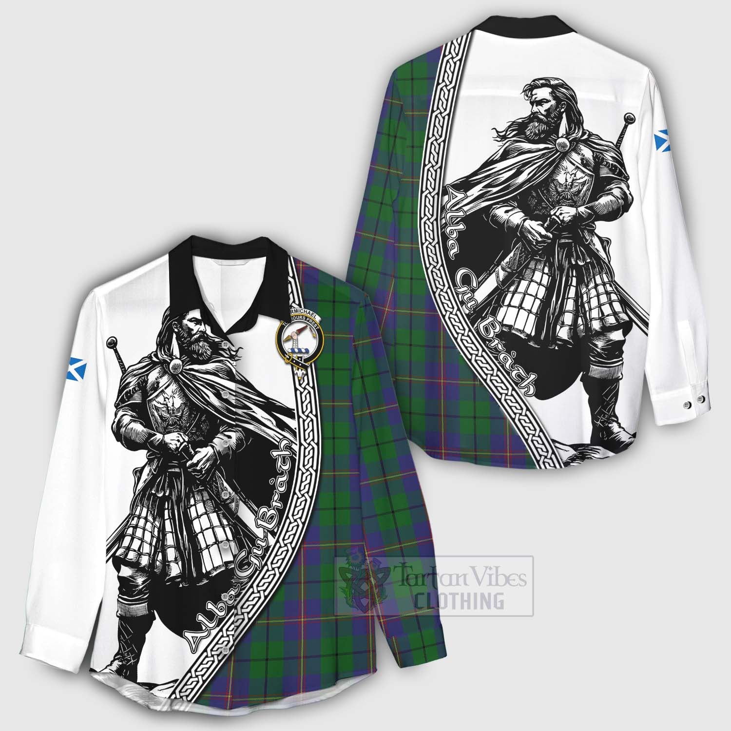 Tartan Vibes Clothing Carmichael Tartan Clan Crest Women's Casual Shirt with Highlander Warrior Celtic Style