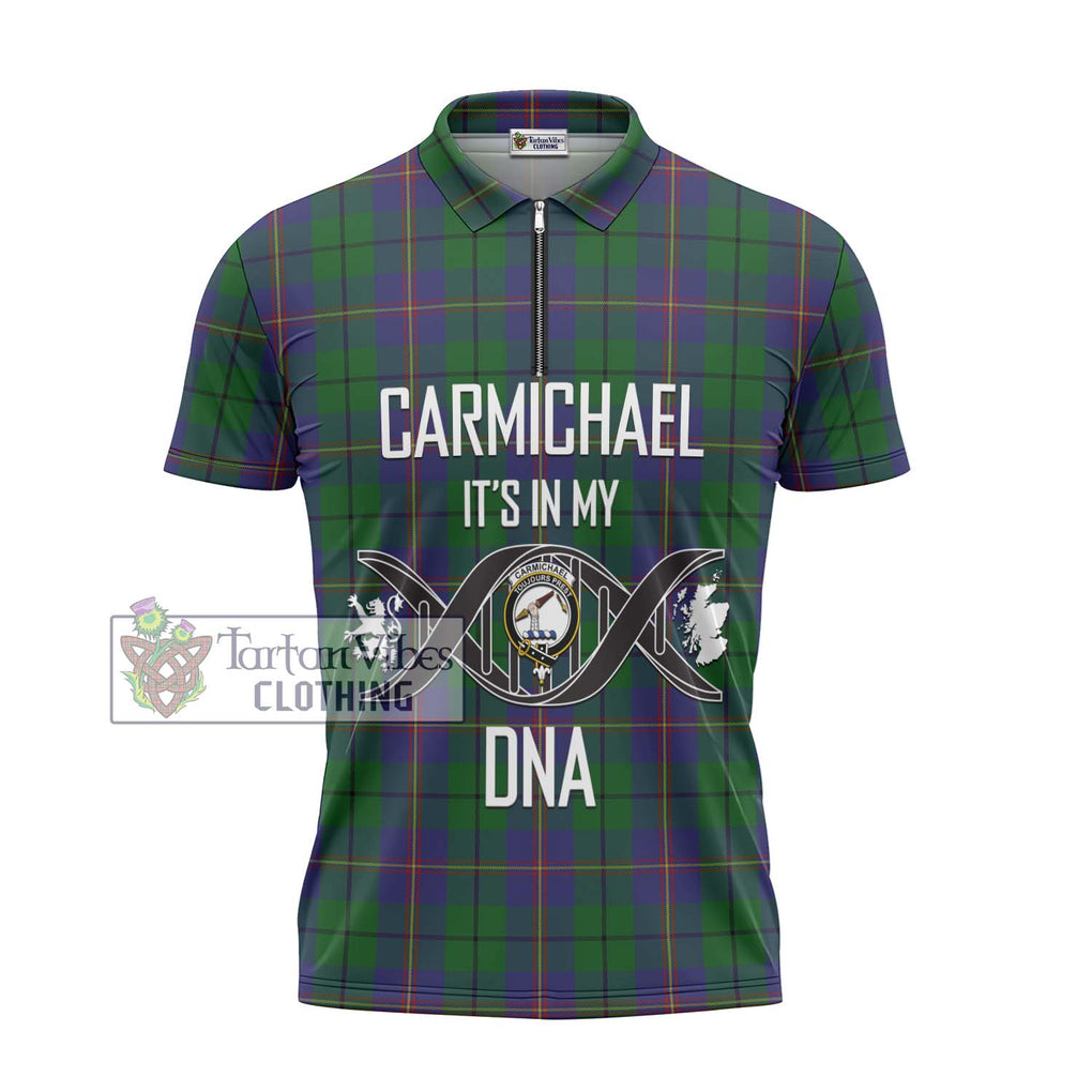 Carmichael Tartan Zipper Polo Shirt with Family Crest DNA In Me Style - Tartanvibesclothing Shop