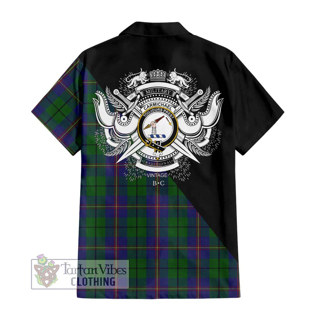 Carmichael Tartan Short Sleeve Button Shirt with Family Crest and Military Logo Style - Tartanvibesclothing Shop