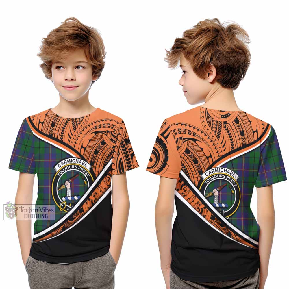 Tartan Vibes Clothing Carmichael Crest Tartan Kid T-Shirt with Maori Tattoo Style - Orange Version