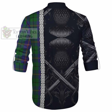 Carmichael Tartan Ghillie Kilt Shirt with Family Crest Cross Sword Thistle Celtic Vibes - Tartan Vibes Clothing