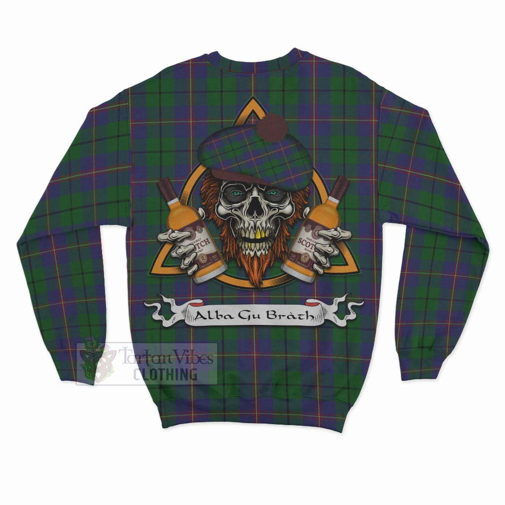 Tartan Vibes Clothing Carmichael Tartan Sweatshirt with Family Crest and Bearded Skull Holding Bottles of Whiskey