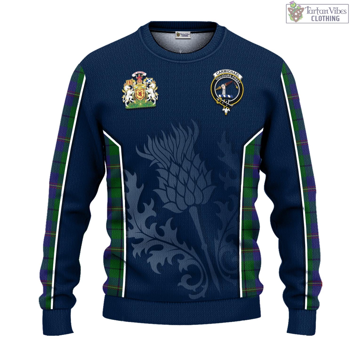 Tartan Vibes Clothing Carmichael Tartan Knitted Sweatshirt with Family Crest and Scottish Thistle Vibes Sport Style