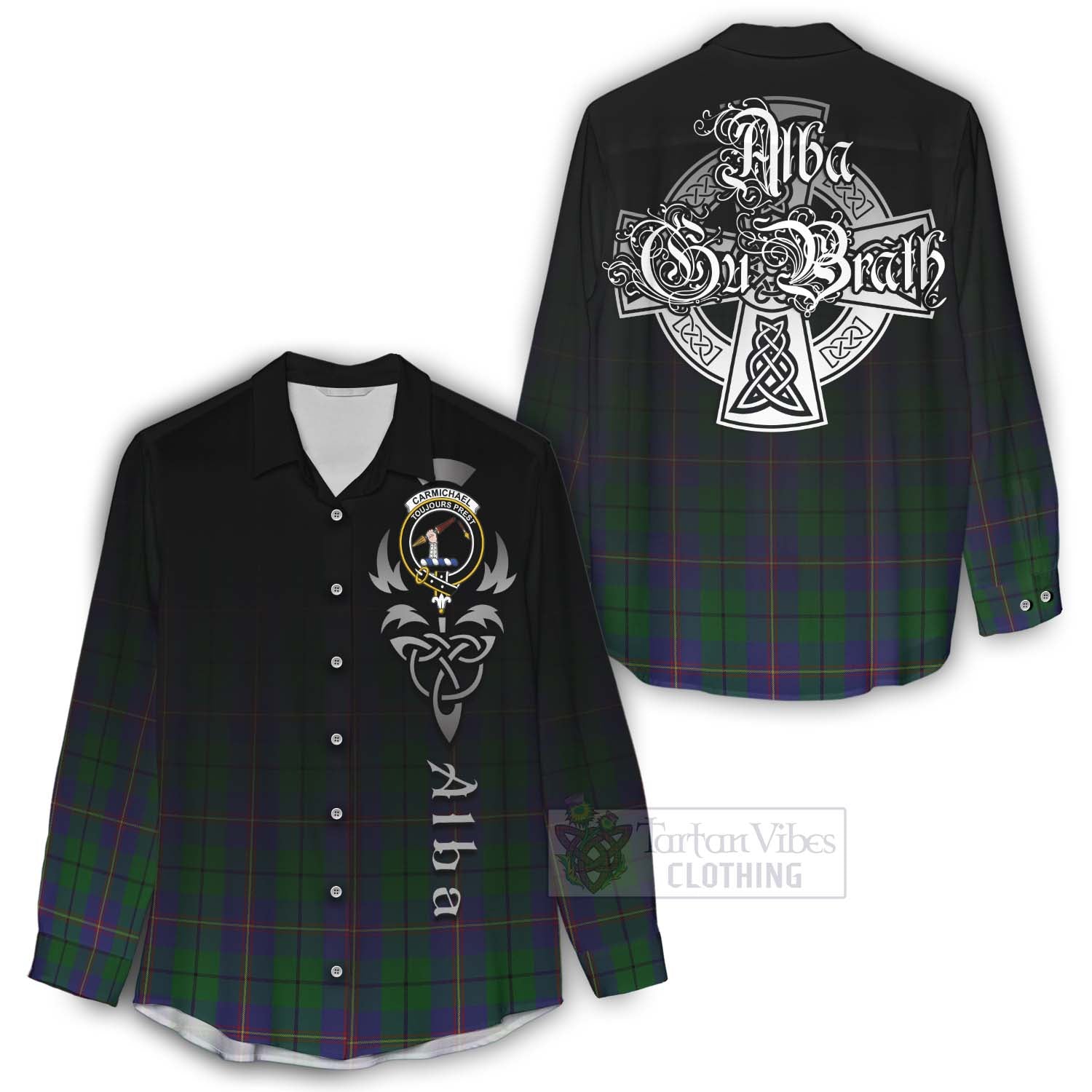 Tartan Vibes Clothing Carmichael Tartan Women's Casual Shirt Featuring Alba Gu Brath Family Crest Celtic Inspired