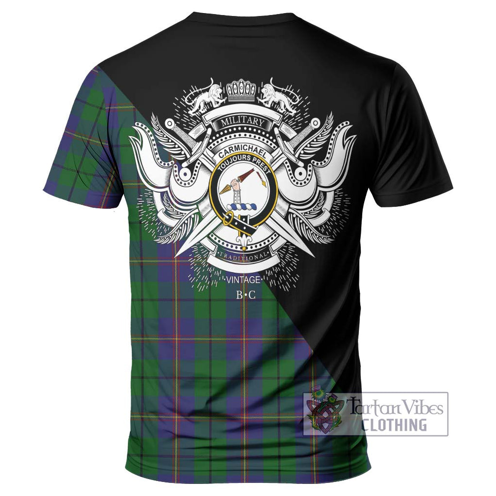 Carmichael Tartan T-Shirt with Family Crest and Military Logo Style - Tartanvibesclothing Shop