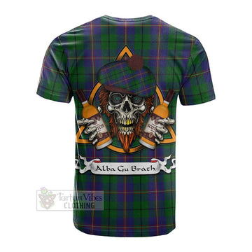 Carmichael Tartan Cotton T-shirt with Family Crest and Bearded Skull Holding Bottles of Whiskey