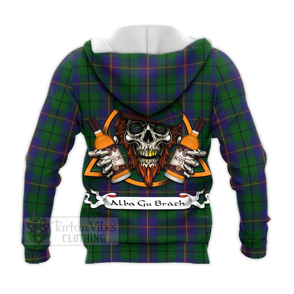 Tartan Vibes Clothing Carmichael Tartan Knitted Hoodie with Family Crest and Bearded Skull Holding Bottles of Whiskey