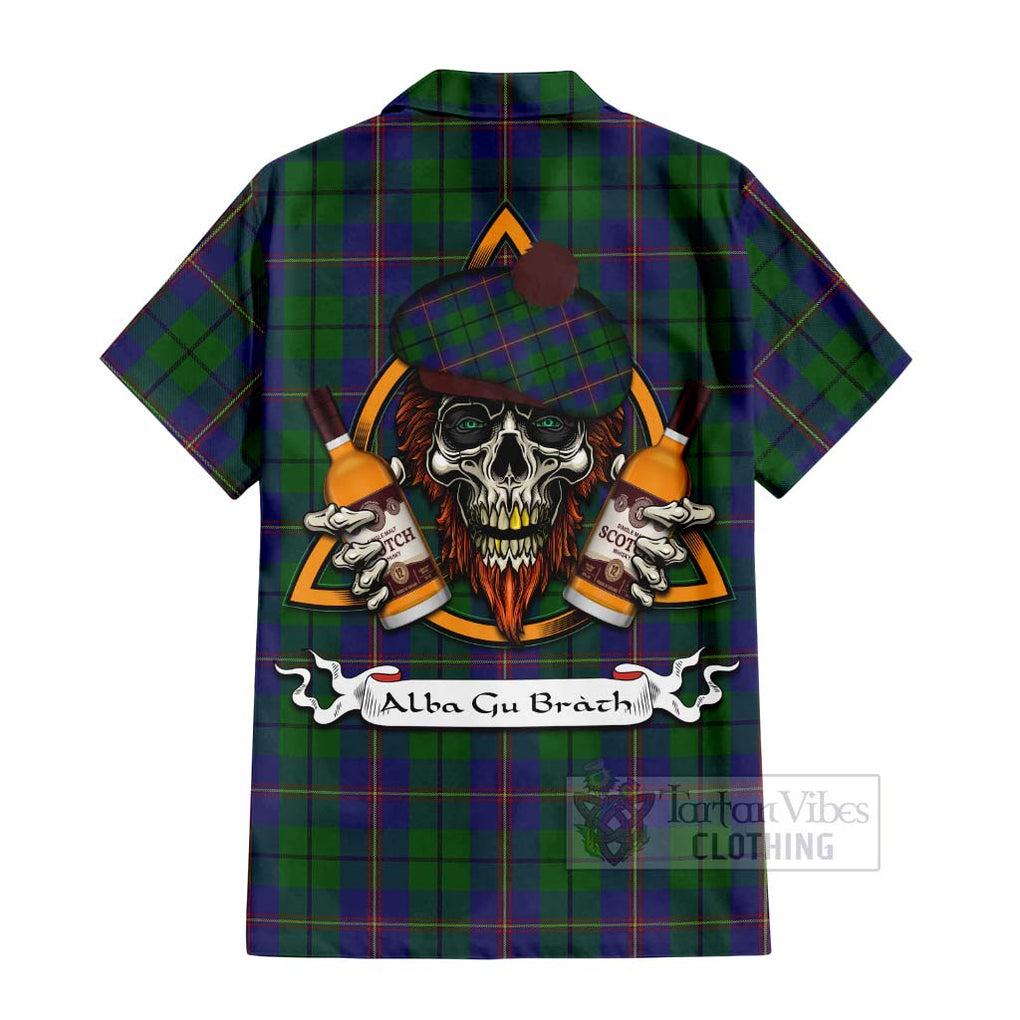 Tartan Vibes Clothing Carmichael Tartan Short Sleeve Button Shirt with Family Crest and Bearded Skull Holding Bottles of Whiskey