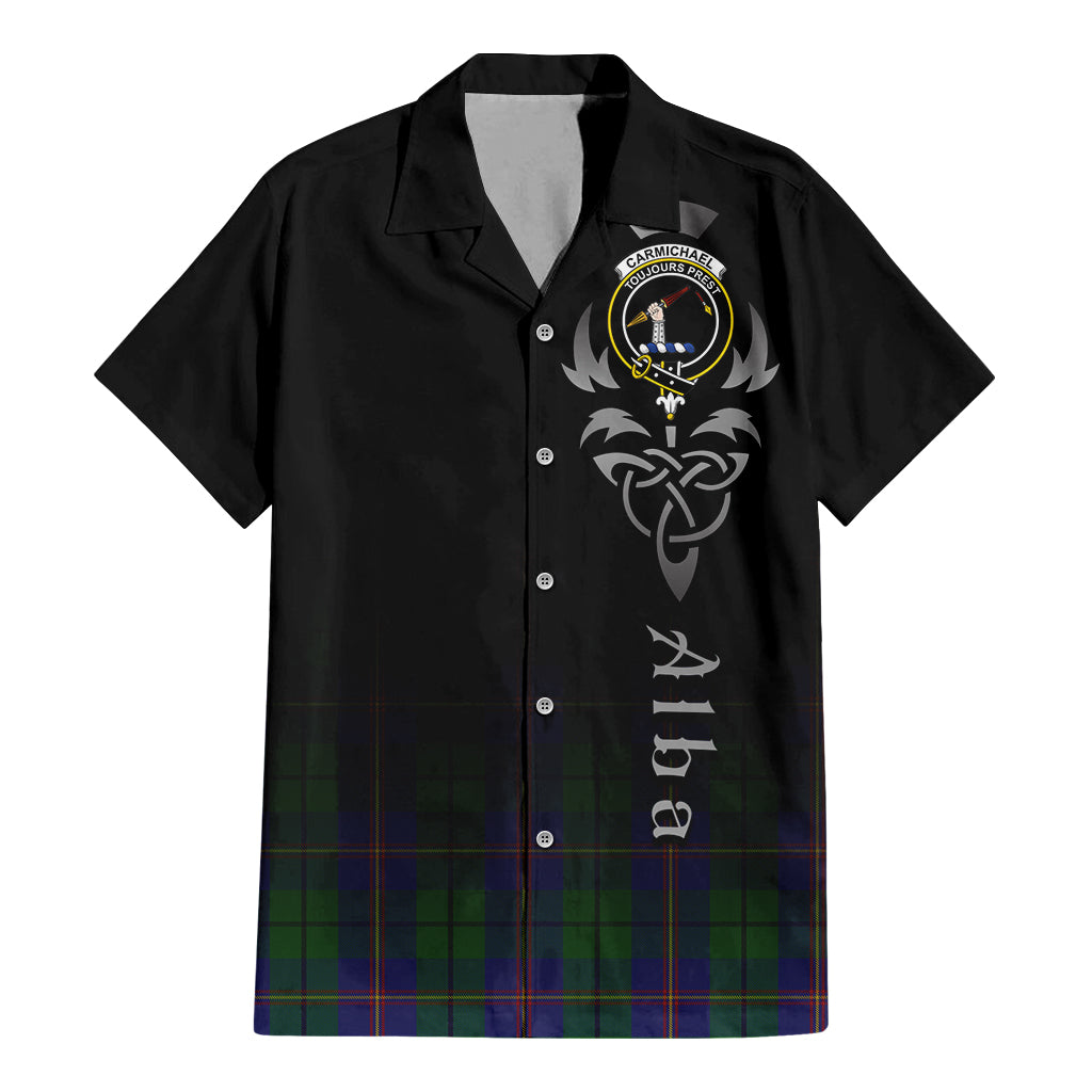 Tartan Vibes Clothing Carmichael Tartan Short Sleeve Button Up Featuring Alba Gu Brath Family Crest Celtic Inspired