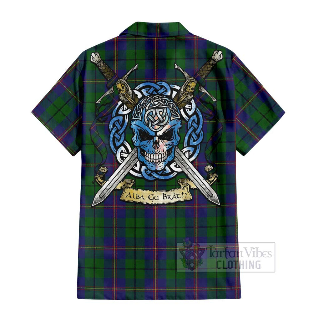 Tartan Vibes Clothing Carmichael Tartan Short Sleeve Button Shirt with Family Crest Celtic Skull Style