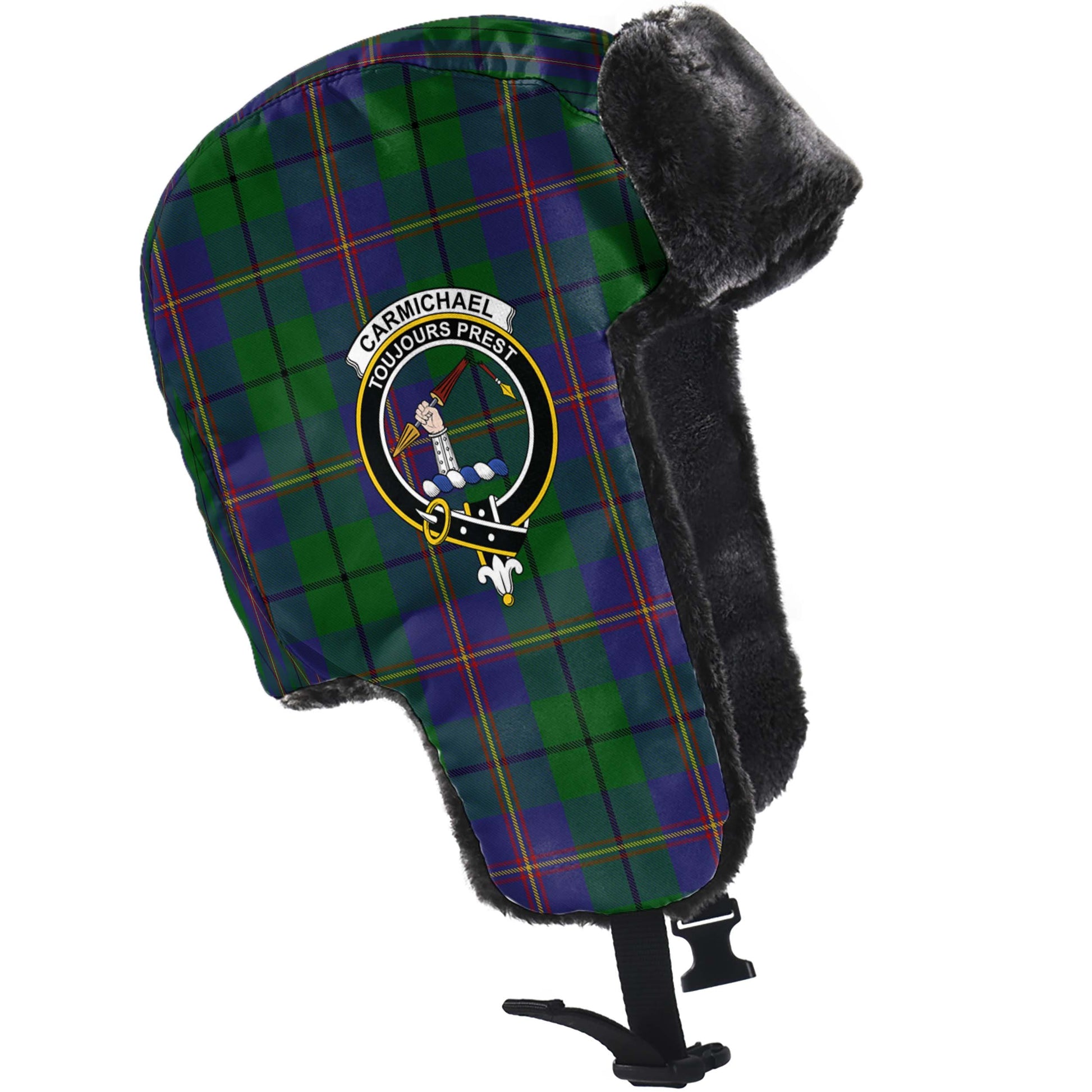 Carmichael Tartan Winter Trapper Hat with Family Crest - Tartanvibesclothing