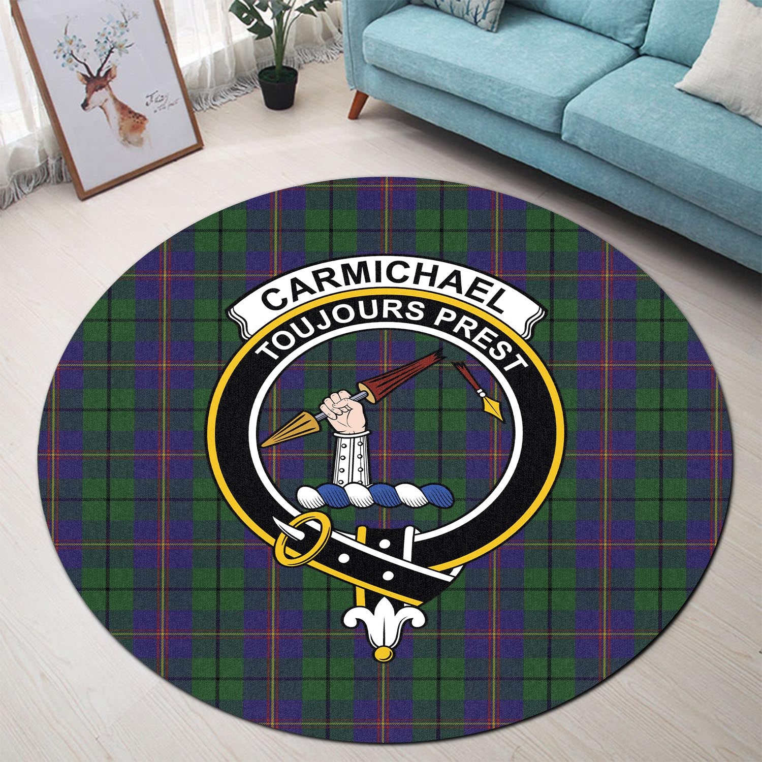 Carmichael Tartan Round Rug with Family Crest - Tartanvibesclothing