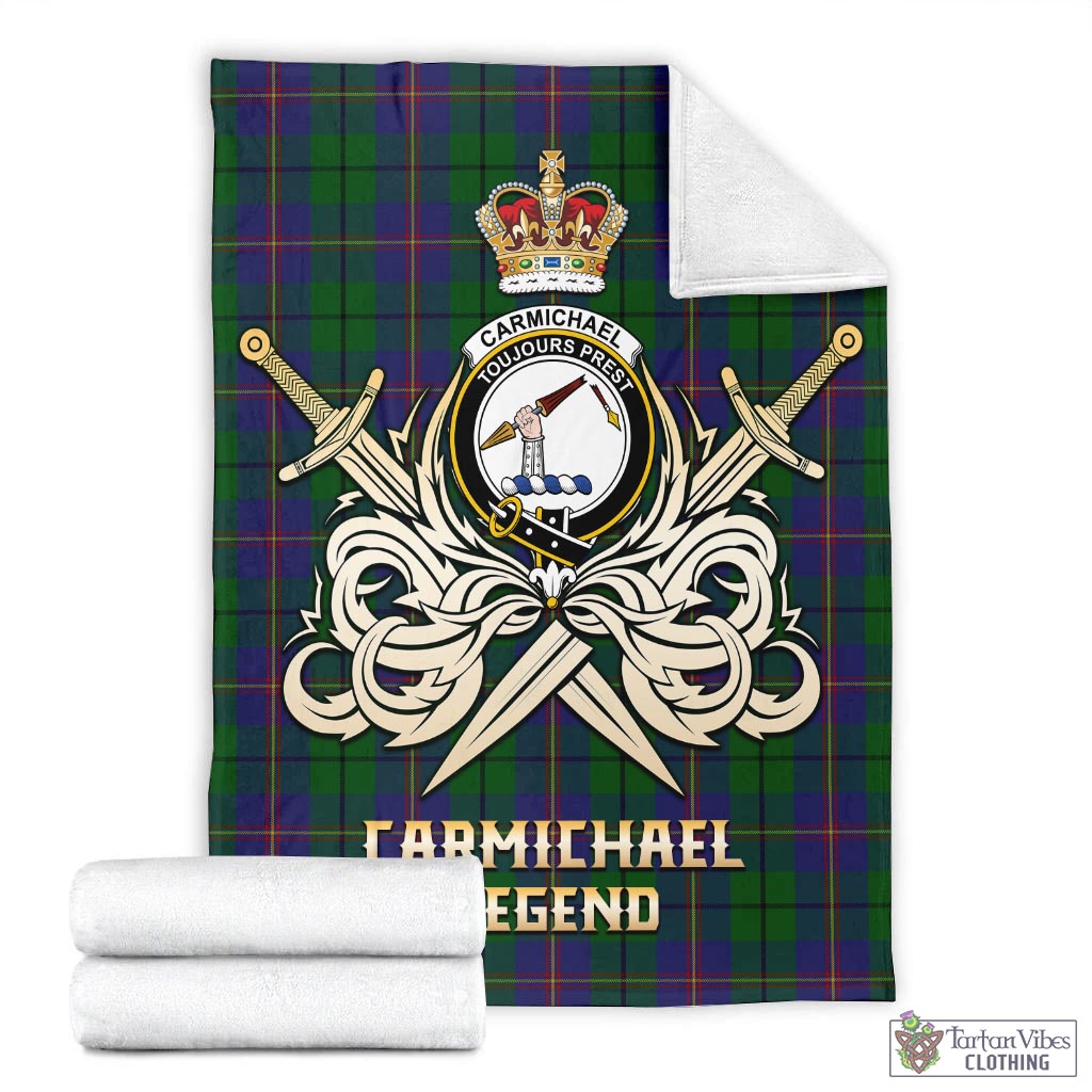 Tartan Vibes Clothing Carmichael Tartan Blanket with Clan Crest and the Golden Sword of Courageous Legacy