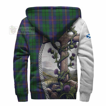 Carmichael Tartan Sherpa Hoodie with Family Crest and St. Andrew's Cross Accented by Thistle Vines