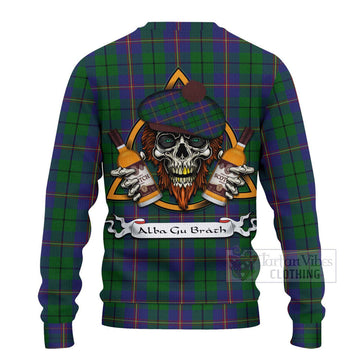 Carmichael Tartan Ugly Sweater with Family Crest and Bearded Skull Holding Bottles of Whiskey