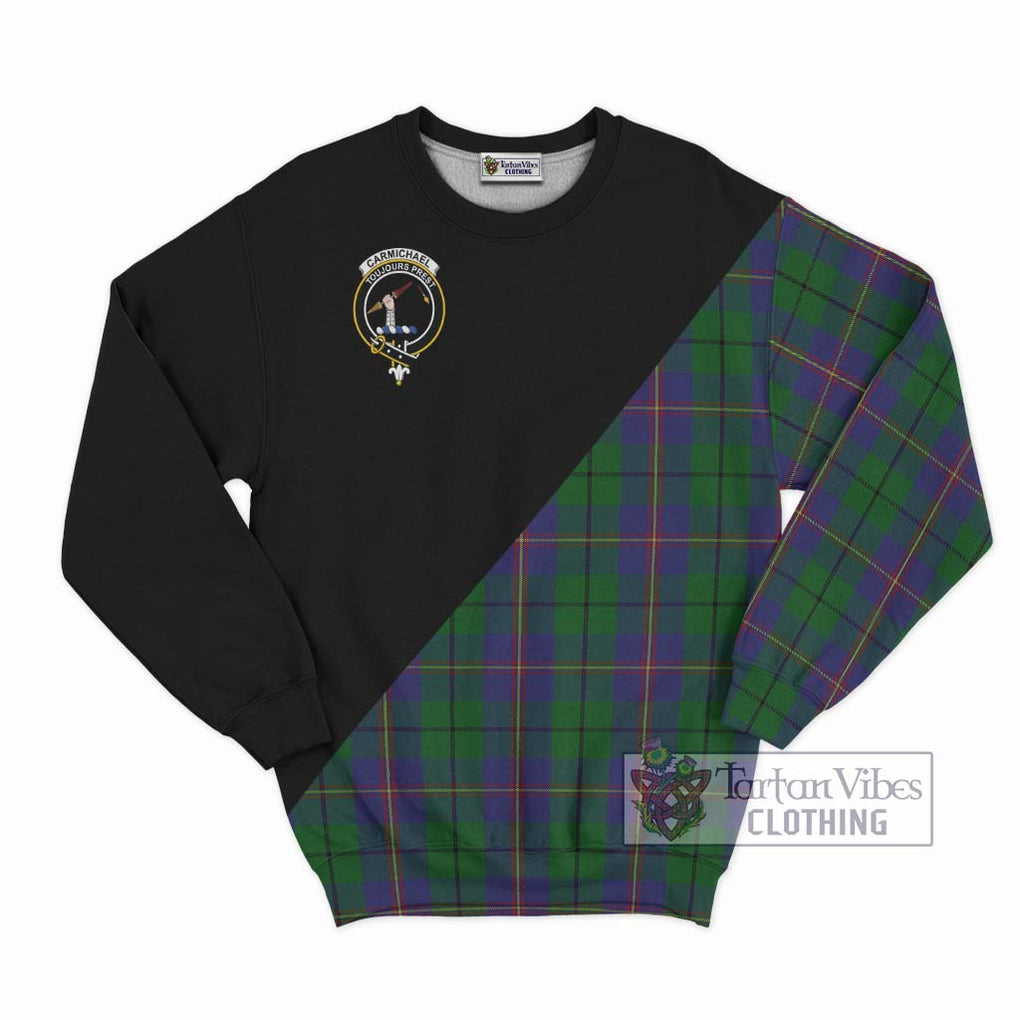 Carmichael Tartan Sweatshirt with Family Crest and Military Logo Style - Tartanvibesclothing Shop