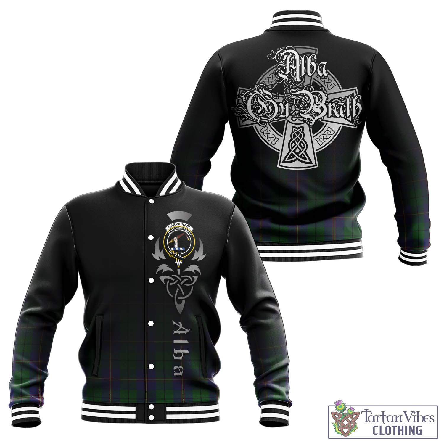 Tartan Vibes Clothing Carmichael Tartan Baseball Jacket Featuring Alba Gu Brath Family Crest Celtic Inspired