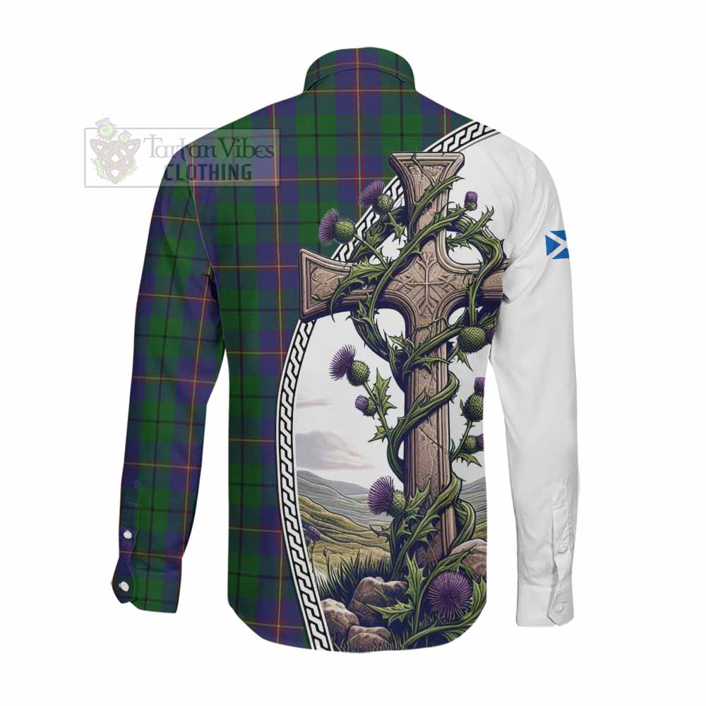 Tartan Vibes Clothing Carmichael Tartan Long Sleeve Button Shirt with Family Crest and St. Andrew's Cross Accented by Thistle Vines