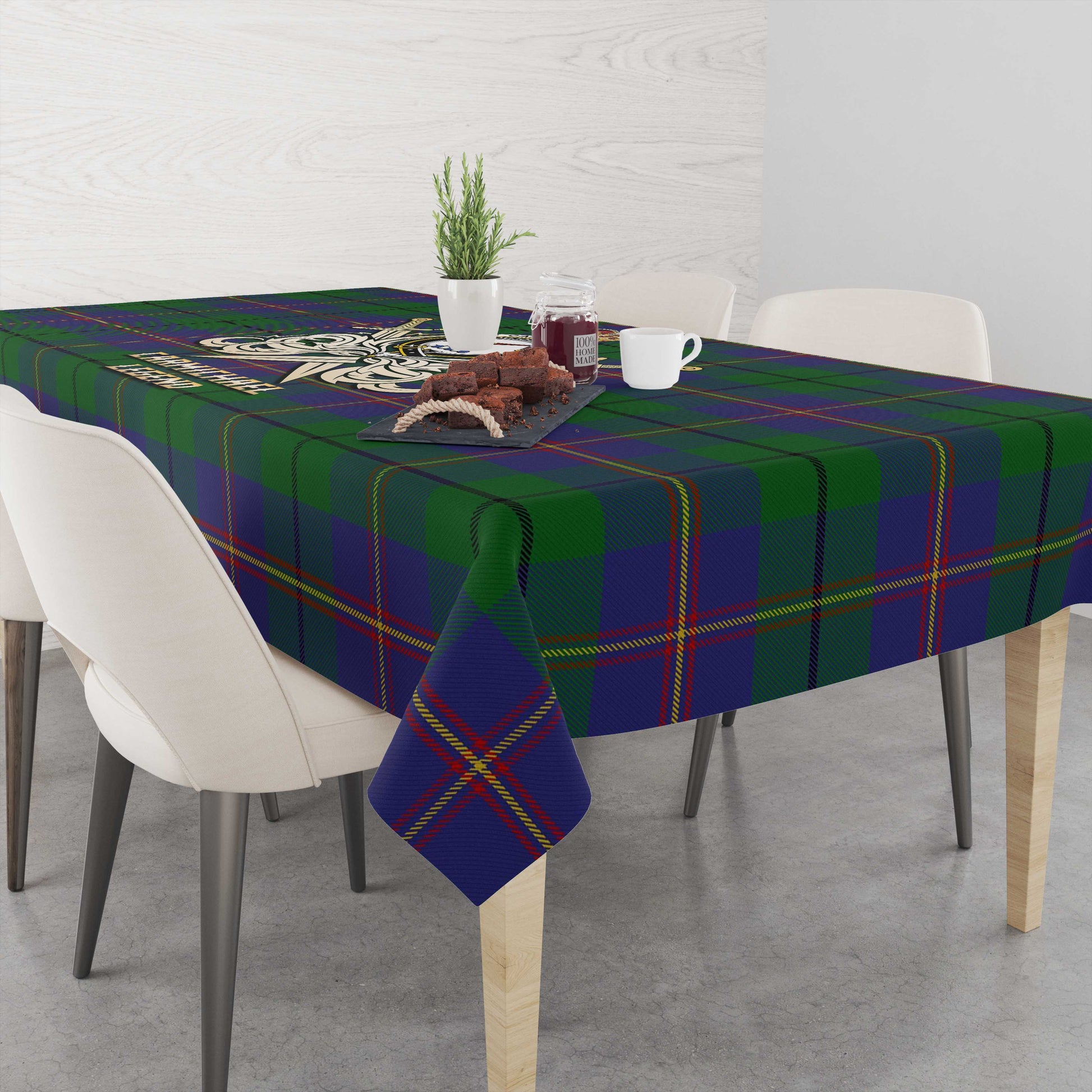 Tartan Vibes Clothing Carmichael Tartan Tablecloth with Clan Crest and the Golden Sword of Courageous Legacy