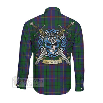 Carmichael Tartan Long Sleeve Button Shirt with Family Crest Celtic Skull Style