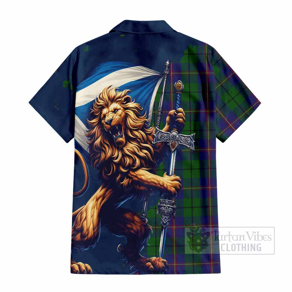 Tartan Vibes Clothing Carmichael Tartan Family Crest Short Sleeve Button Shirt with Scottish Majestic Lion