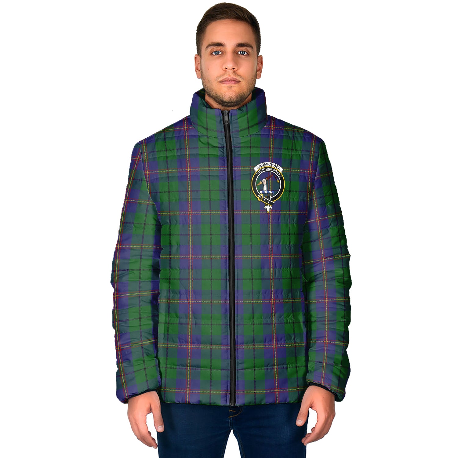 Carmichael Tartan Padded Jacket with Family Crest - Tartan Vibes Clothing