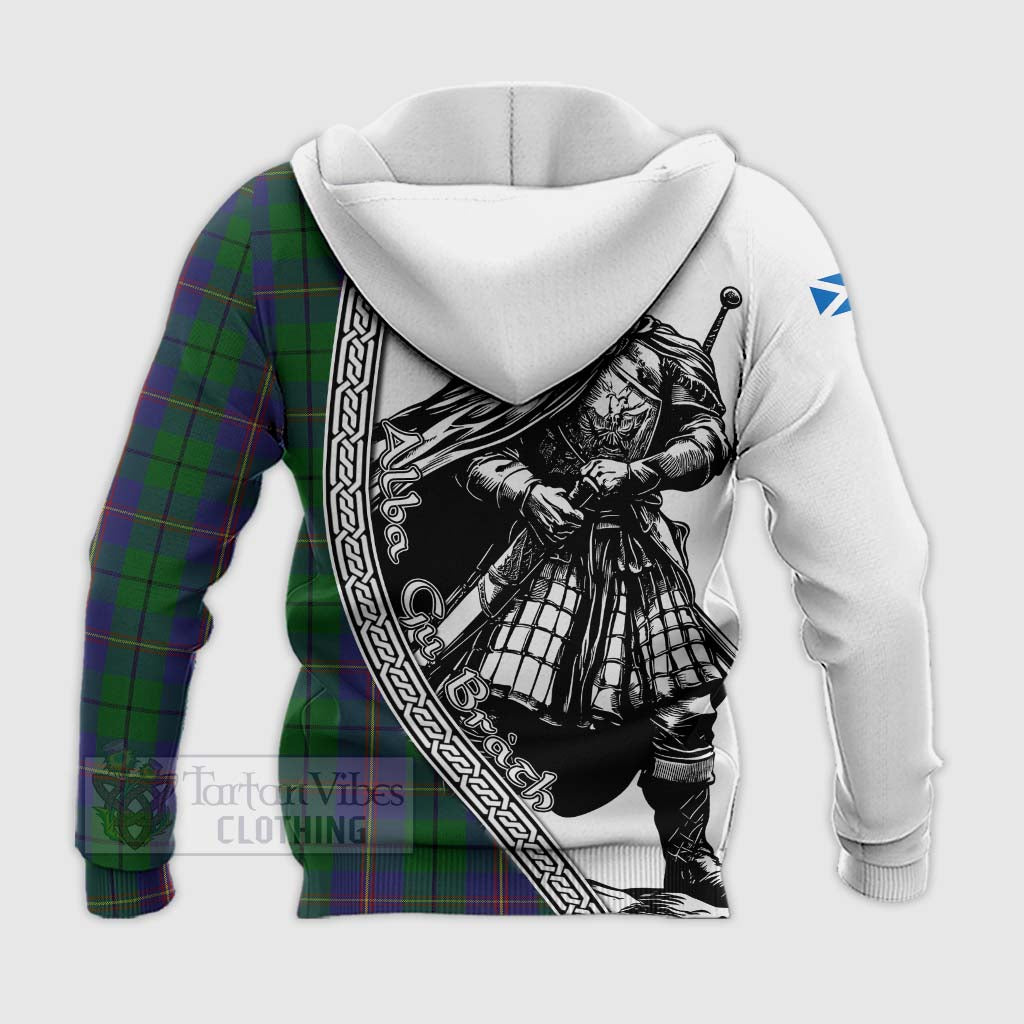 Tartan Vibes Clothing Carmichael Tartan Clan Crest Knitted Hoodie with Highlander Warrior Celtic Style