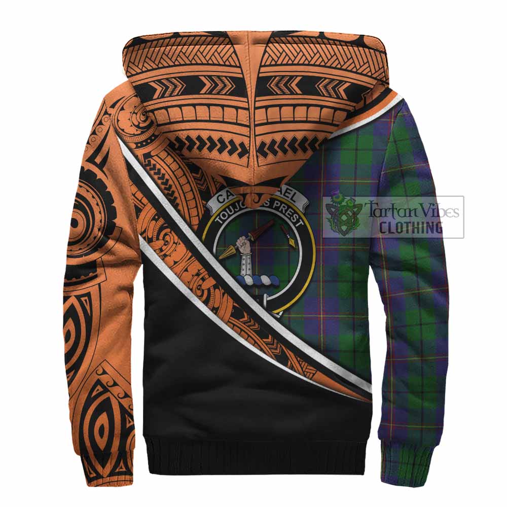 Tartan Vibes Clothing Carmichael Crest Tartan Sherpa Hoodie with Maori Tattoo Style - Orange Version