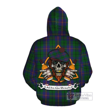 Carmichael Tartan Cotton Hoodie with Family Crest and Bearded Skull Holding Bottles of Whiskey Pullover Hoodie - Tartan Vibes Clothing