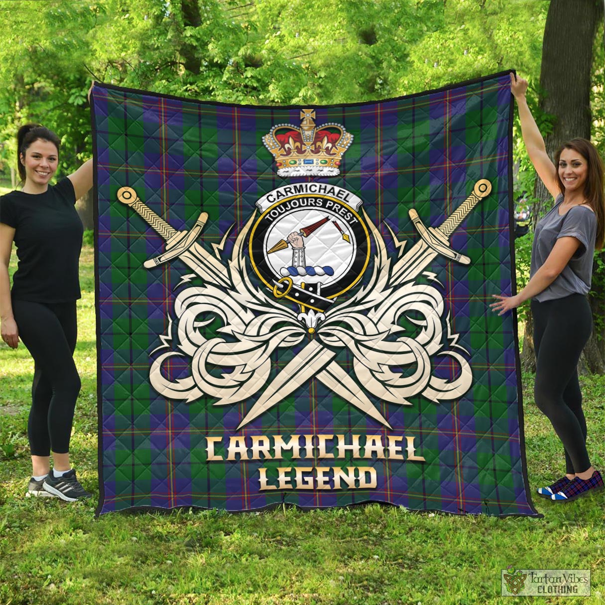 Tartan Vibes Clothing Carmichael Tartan Quilt with Clan Crest and the Golden Sword of Courageous Legacy