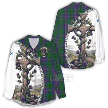 Carmichael Tartan Women's Casual Shirt with Family Crest and St. Andrew's Cross Accented by Thistle Vines