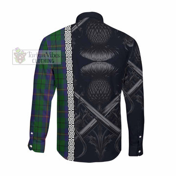 Carmichael Tartan Long Sleeve Button Shirt with Family Crest Cross Sword Thistle Celtic Vibes Men's Shirt - Tartan Vibes Clothing