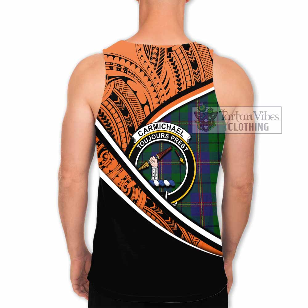 Tartan Vibes Clothing Carmichael Crest Tartan Men's Tank Top with Maori Tattoo Style - Orange Version