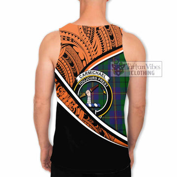 Carmichael Crest Tartan Men's Tank Top with Polynesian Vibes Style - Orange Version