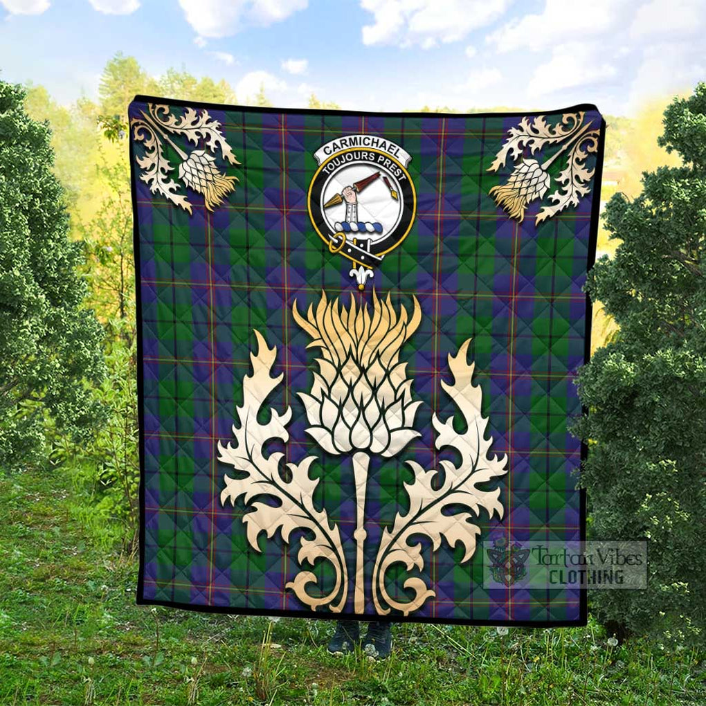 Tartan Vibes Clothing Carmichael Tartan Quilt with Family Crest and Golden Thistle Style