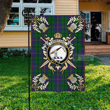 Carmichael Tartan Flag with Family Crest and Golden Thistle Crossed Sword Design