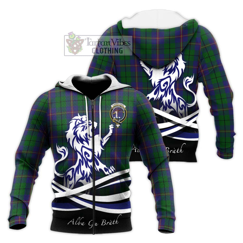 Carmichael Tartan Knitted Hoodie with Alba Gu Brath Regal Lion Emblem Unisex Knitted Zip Hoodie - Tartanvibesclothing Shop