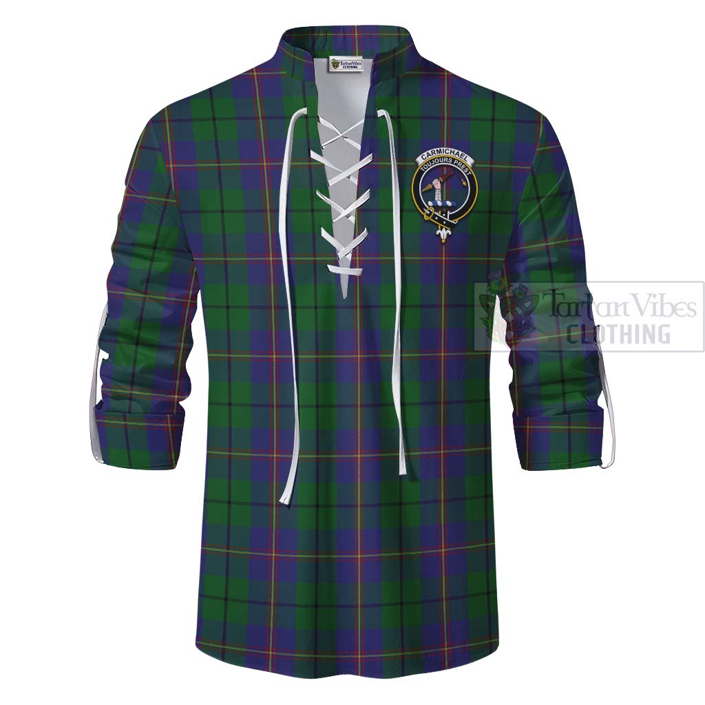 Tartan Vibes Clothing Carmichael Tartan Ghillie Kilt Shirt with Family Crest and Bearded Skull Holding Bottles of Whiskey