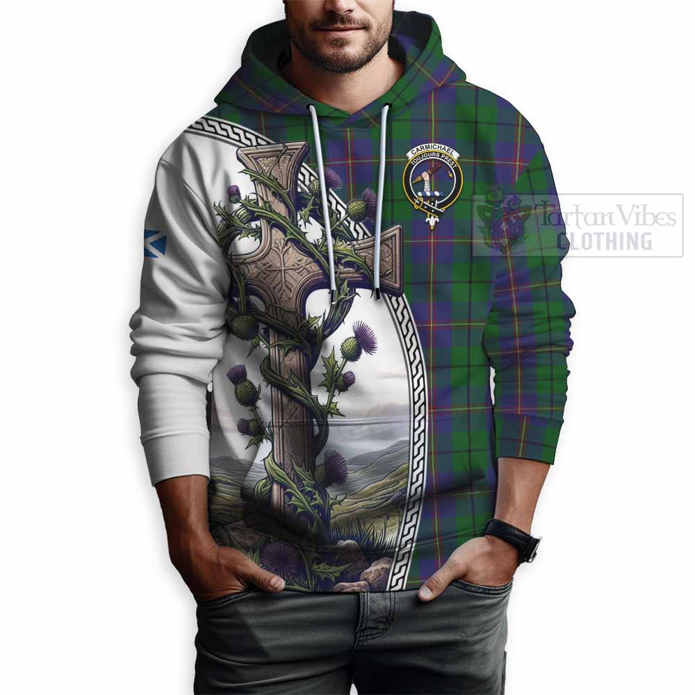 Tartan Vibes Clothing Carmichael Tartan Hoodie with Family Crest and St. Andrew's Cross Accented by Thistle Vines