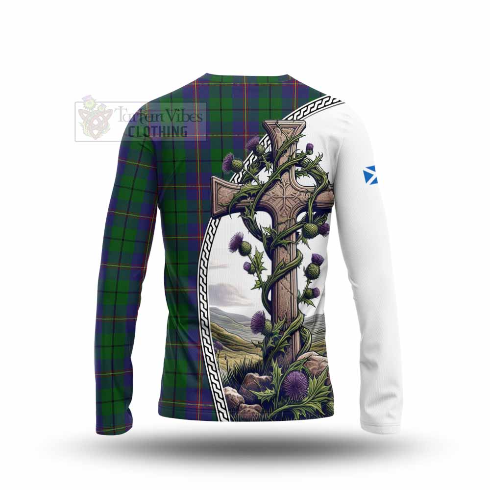 Tartan Vibes Clothing Carmichael Tartan Long Sleeve T-Shirt with Family Crest and St. Andrew's Cross Accented by Thistle Vines