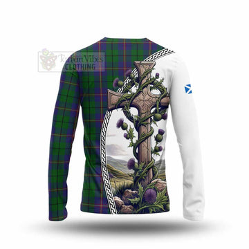 Carmichael Tartan Long Sleeve T-Shirt with Family Crest and St. Andrew's Cross Accented by Thistle Vines