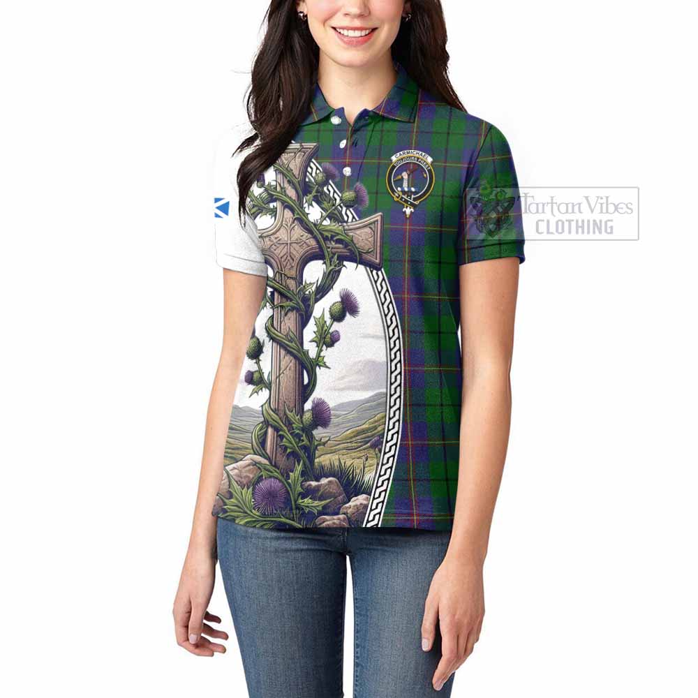 Tartan Vibes Clothing Carmichael Tartan Women's Polo Shirt with Family Crest and St. Andrew's Cross Accented by Thistle Vines